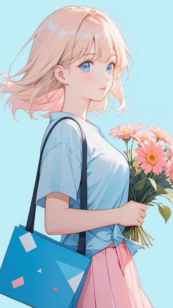 Flat illustration minimalism，geometry，Abstract Memphis，Anime Portrait，Close-up shot，holding a bouquet in her hand，Focus on the face， wearing a light blue shirt，Pink short skirt，holding a flower in her hand，Light pink canvas bag on shoulder，Long platinum blonde hair，lane blue background，Style Expression，celluloid