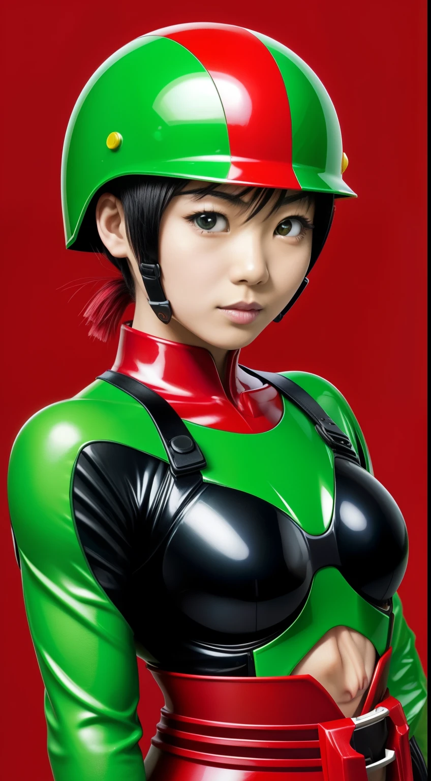 Japanese women　5 people　Skinhead　Special effects hero　red、green、green、yellow、pink　ボディpaint　Head to Toe　helmet　paint　Shield part　black　Sexy pose　1 big breasts　1 person bristles