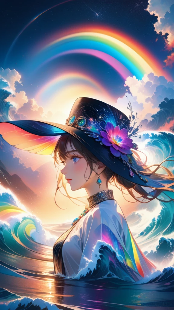 a beautiful young woman，Ultra-detailed，Rich details，jewelry，jewelry，hat， mysterious waves at night. 3d. rainbow colors. The melting beauty of the universe. Surrealism in Nebula Reflections