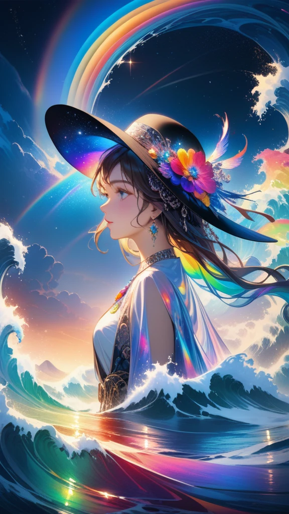 a beautiful young woman，Ultra-detailed，Rich details，jewelry，jewelry，hat， mysterious waves at night. 3d. rainbow colors. The melting beauty of the universe. Surrealism in Nebula Reflections