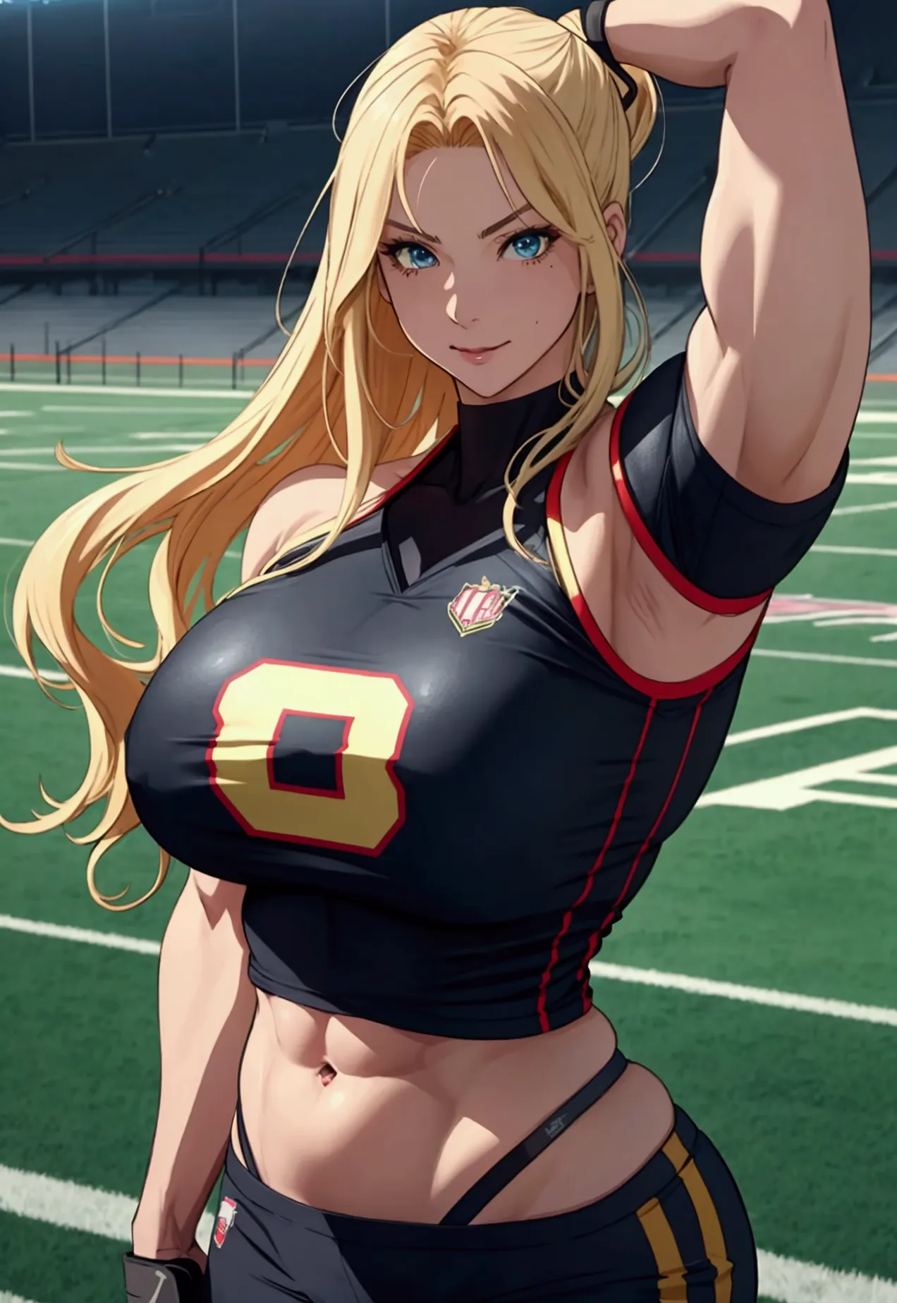 dynamic manga-style illustration featuring a woman with long blonde hair and a flirty expression. she is standing on a football ...