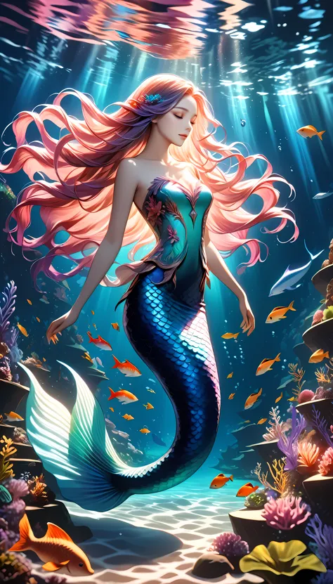 a surreal, elegant underwater fantasy world, a dreamlike weightless melody of color and light, beyond ordinary concepts, a symphonic transcendence of reality, detailed mermaid, long flowing hair, delicate features, shimmering scales, underwater flora and fauna, serene ocean environment, vibrant colors, dramatic lighting, cinematic composition, masterpiece, 8k, photorealistic