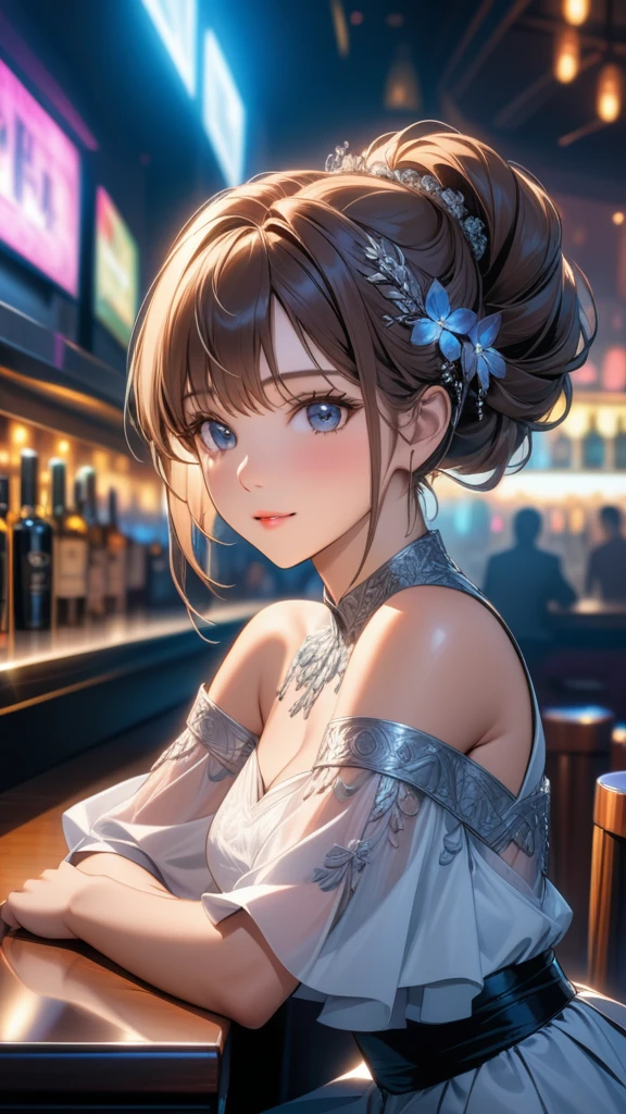 Portrait of Abigail: a stunning woman with an updo, sitting at the bar in a nightclub. This masterpiece is of the best quality, ultra-detailed, and perfect for an 8k HDR wallpaper. Featuring cinematic lighting with sharp focus and intricate details.