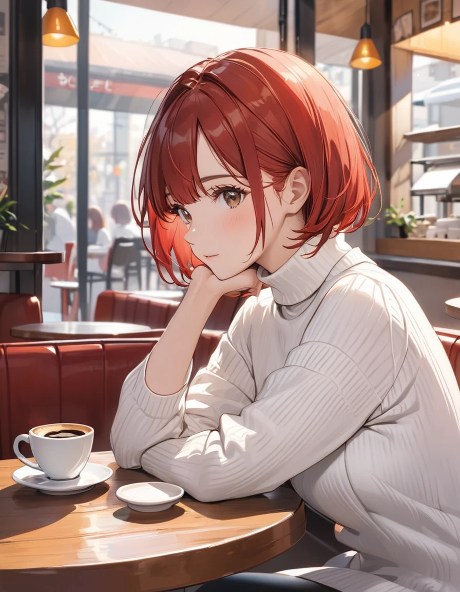 Solo Female, Brown bob hair, White turtleneck sweater, At the cafe, Waiting for coffee