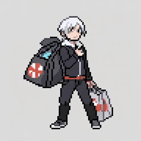 Gerard Way, wearing a black jacket, carrying lots of plastic bags and gym bags,
simple background