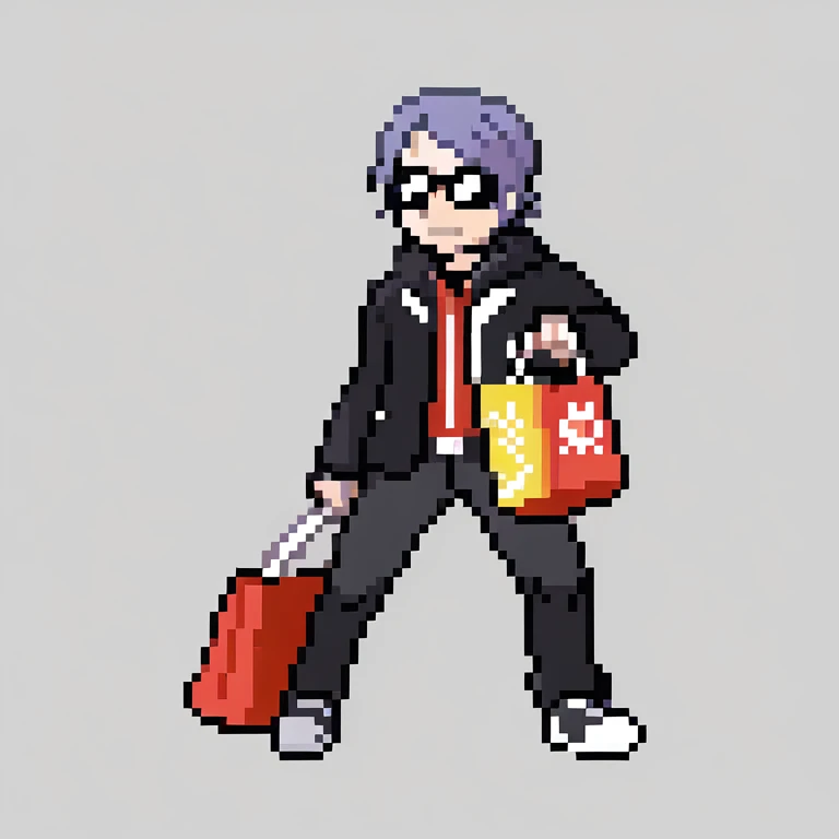 Gerard Way with black glasses, wearing a black jacket, carrying lots of gym and Plastic bags with candies,
 simple background