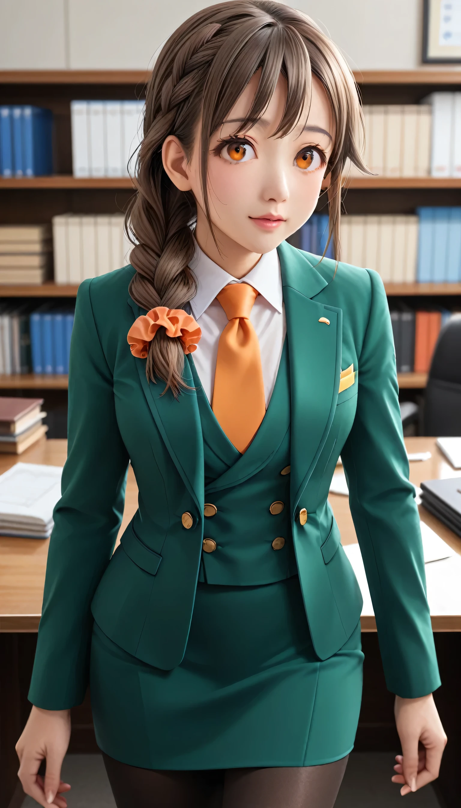 score_9, score_8_up, score_7_up, source_anime, best quality, masterpiece, office,
human, solo, sosenkawa chihiro, cosChihhi, brown hair, orange eyes, side braid, red scrunchie, green jacket, black pantyhose,  black pencil skirt, yellow necktie, three-piece suit, blazer, waistcoat, double-breasted waistcoat
