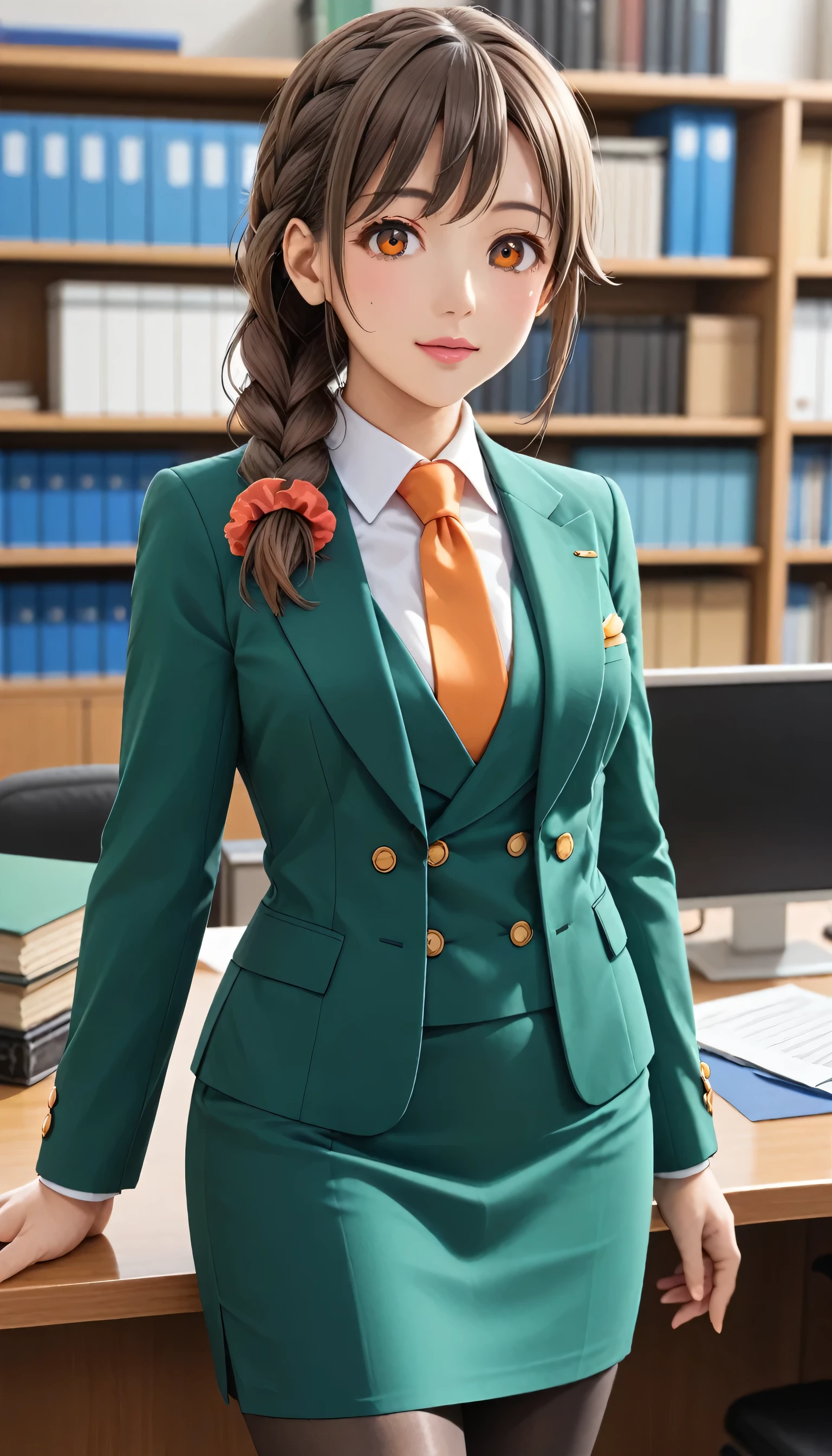 score_9, score_8_up, score_7_up, source_anime, best quality, masterpiece, office,
human, solo, sosenkawa chihiro, cosChihhi, brown hair, orange eyes, side braid, red scrunchie, green jacket, black pantyhose,  black pencil skirt, yellow necktie, three-piece suit, blazer, waistcoat, double-breasted waistcoat
