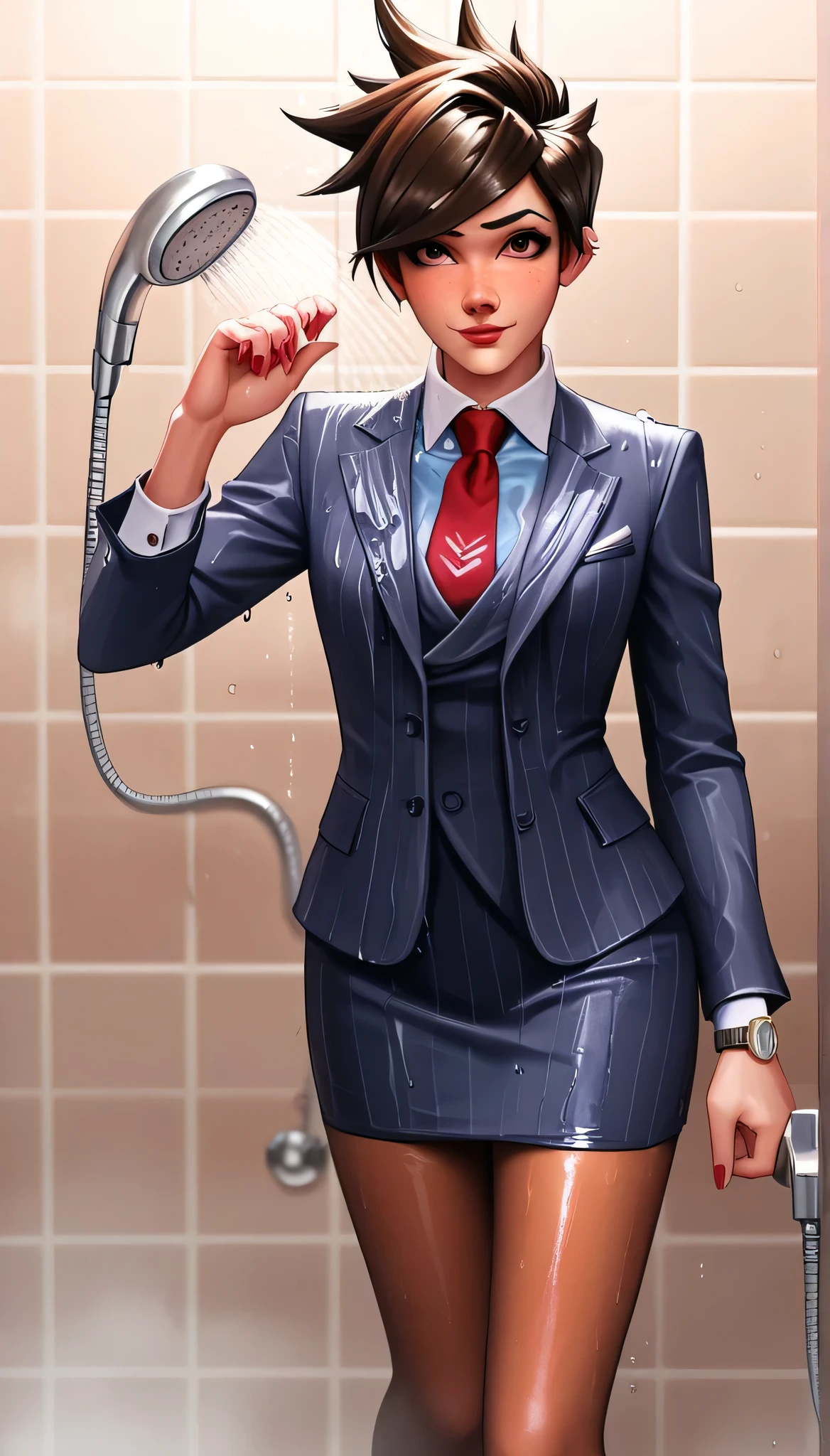 score_9, score_8_up, score_7_up, score_6_up, source_anime,  three-piece suit, tracer, 1girl, solo, brown hair, short hair, freckles, smile, pretty, formal, jewelry, navy pinstripe suit, red silk necktie, earrings, jacket, shirt, standing, shower, running water, under shower, black eyes, watch, navy pinstripe jacket, wristwatch, light blue shirt with white collar, red lips, navy pinstripe skirt, makeup, black pantyhose, cufflinks, black lapel trim, brown eyes, red nails,High Resolution, Blush, white cuffs, wet clothes, wet skin, wet hair, soaked, drenched, soaked clothes, glossy clothing, shiny skin, oinup pose, holding shower head, dripping water, water droplets