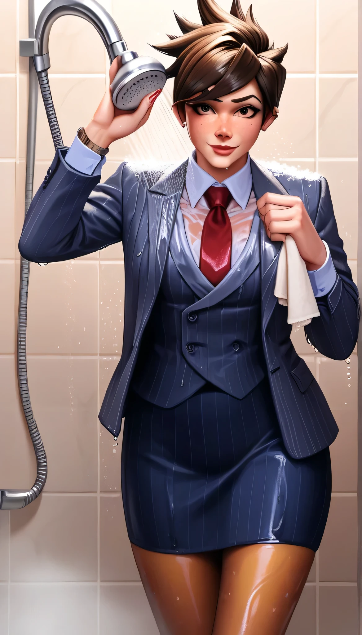 score_9, score_8_up, score_7_up, score_6_up, source_anime,  three-piece suit, tracer, 1girl, solo, brown hair, short hair, freckles, smile, pretty, formal, jewelry, navy pinstripe suit, red silk necktie, earrings, jacket, shirt, standing, shower, running water, under shower, black eyes, watch, navy pinstripe jacket, wristwatch, light blue shirt with white collar, red lips, navy pinstripe skirt, makeup, black pantyhose, cufflinks, black lapel trim, brown eyes, red nails,High Resolution, Blush, white cuffs, wet clothes, wet skin, wet hair, soaked, drenched, soaked clothes, glossy clothing, shiny skin, oinup pose, holding shower head, dripping water, water droplets