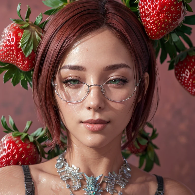 portrait, close-up, upper body. Short, red hair, Green eyes, glasses with metal frames, green bra, cheerful smile, happy girl . (masterpiece, top quality, best quality, official art, beautiful and aesthetically pleasing:1.2), extremely detailed,(fractal art:1.2),Colorful,The most detailed, (dynamic pose), (strawberry background:1.5), (Lots of strawberries:1.4). ((SPLIT. Skin texture, shiny skin. elegance. photorealism. unreal engine. 3D model. Ultra high quality textures. High detail. permission 8k))