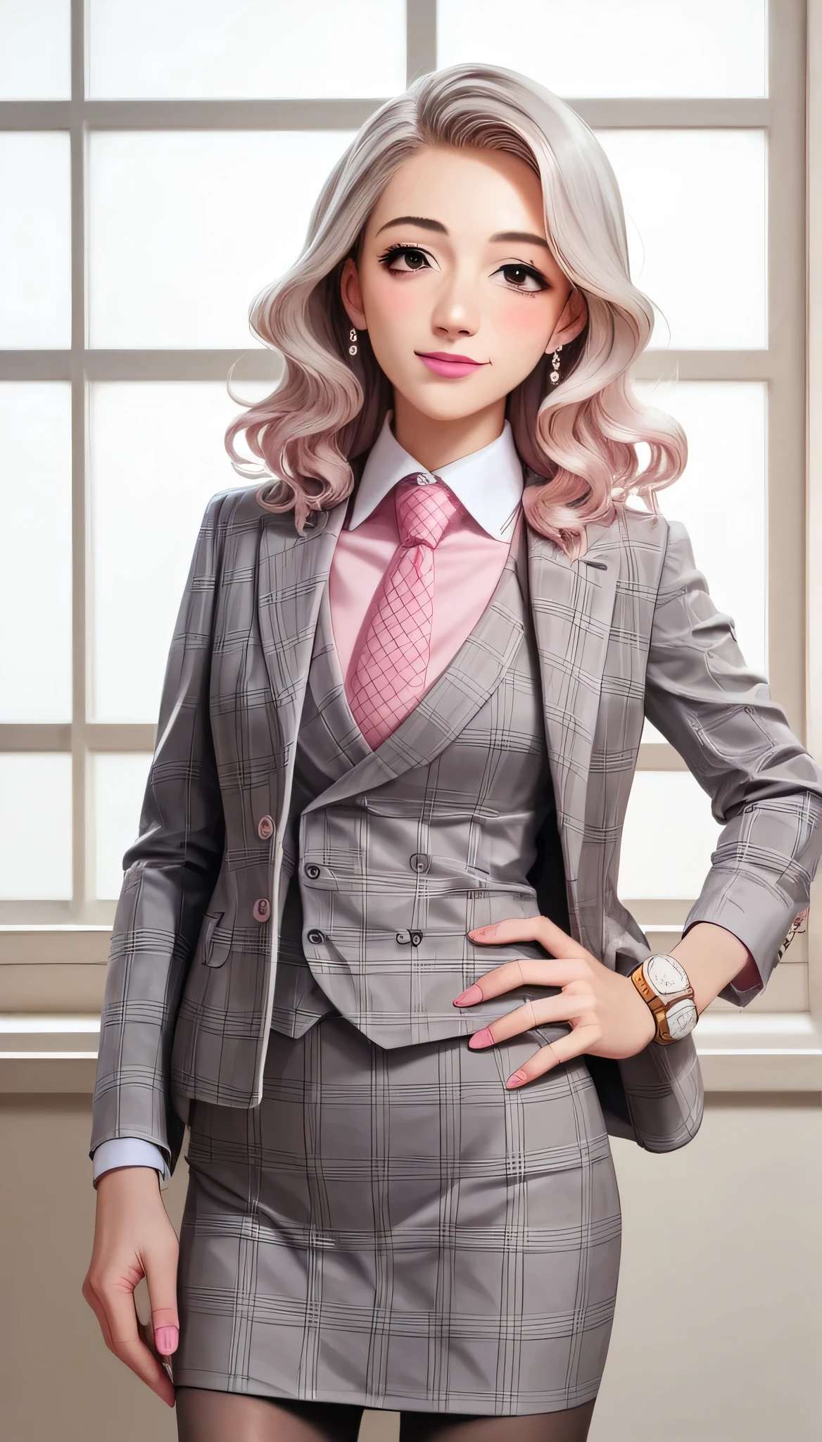 score_9, score_8_up, score_7_up, score_6_up, source_anime,  three-piece suit, 1girl, solo, silver hair, wavy hair, medium length hair, cute smile, pretty, formal, jewelry, grey plaid suit, pink silk necktie, earrings, jacket, shirt, standing, hand on hip, window, black eyes, watch, grey plaid jacket, wristwatch, light pink shirt with white collar, pink lipstick, grey plaid skirt, makeup, pantyhose, cufflinks, black lapel trim, brown eyes, pink nails,High Resolution, Blush, 