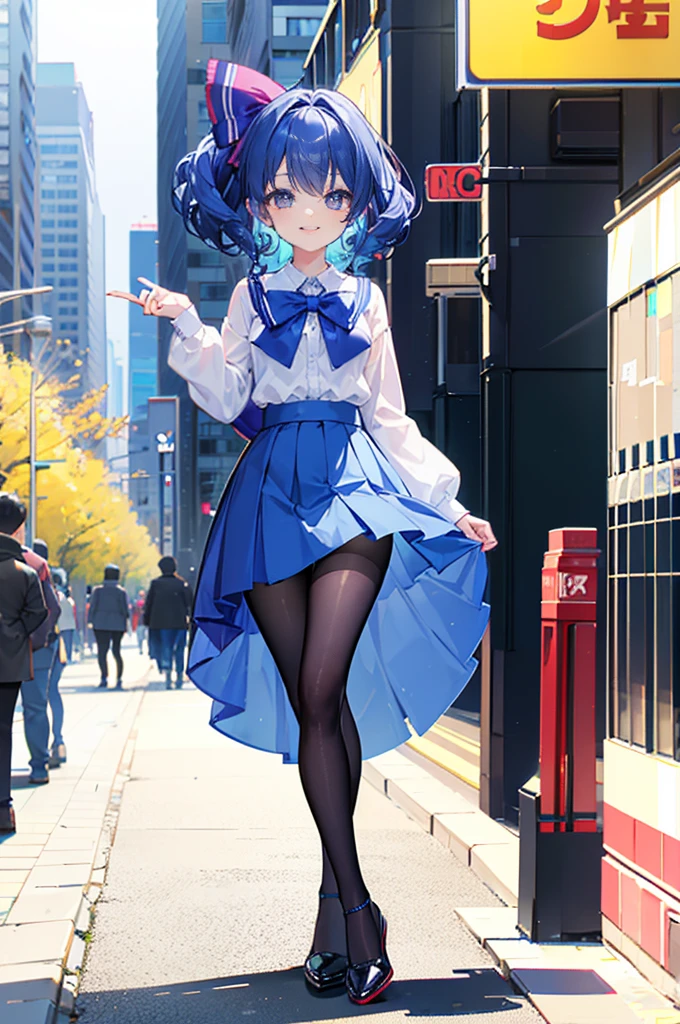 Masterpiece,  8k, Beauty,  very curly blue hair,  head bow, very tiny miniskirt,  pantyhose crotch,  candid upskirt,  shoes,  smiling 