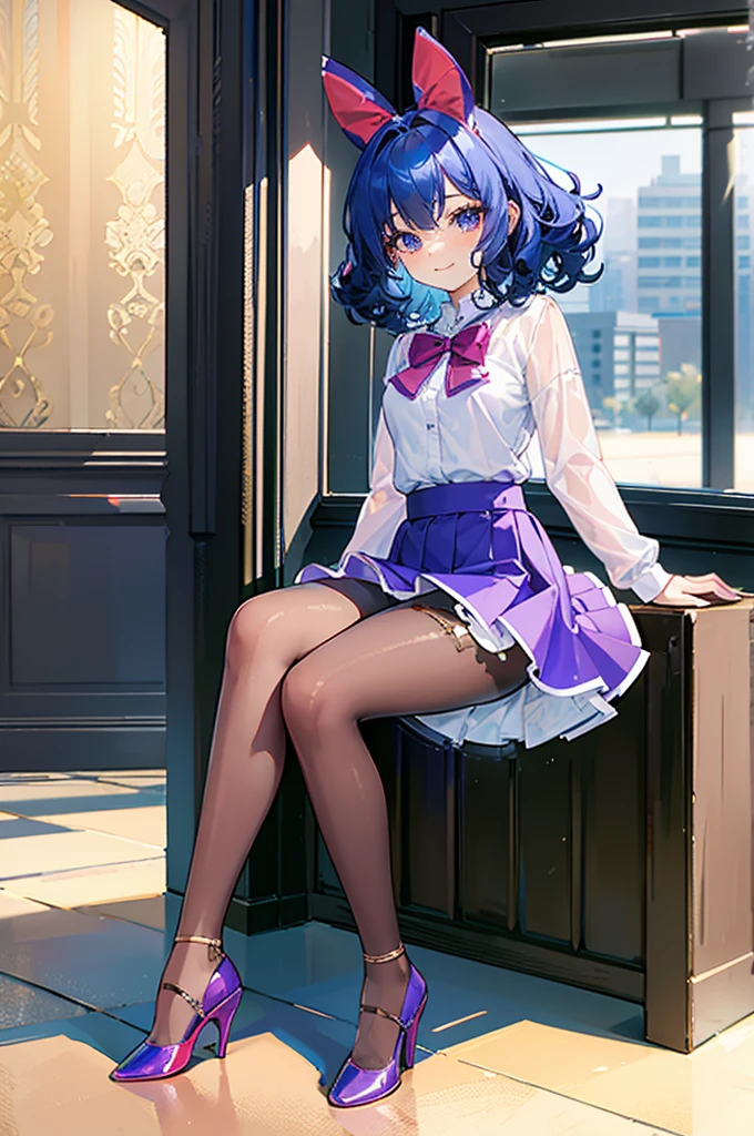 Masterpiece,  8k, Beauty,  very curly blue hair,  head bow, very tiny miniskirt, tan  pantyhose crotch, sitting  open  legs,  shoes, smiling 