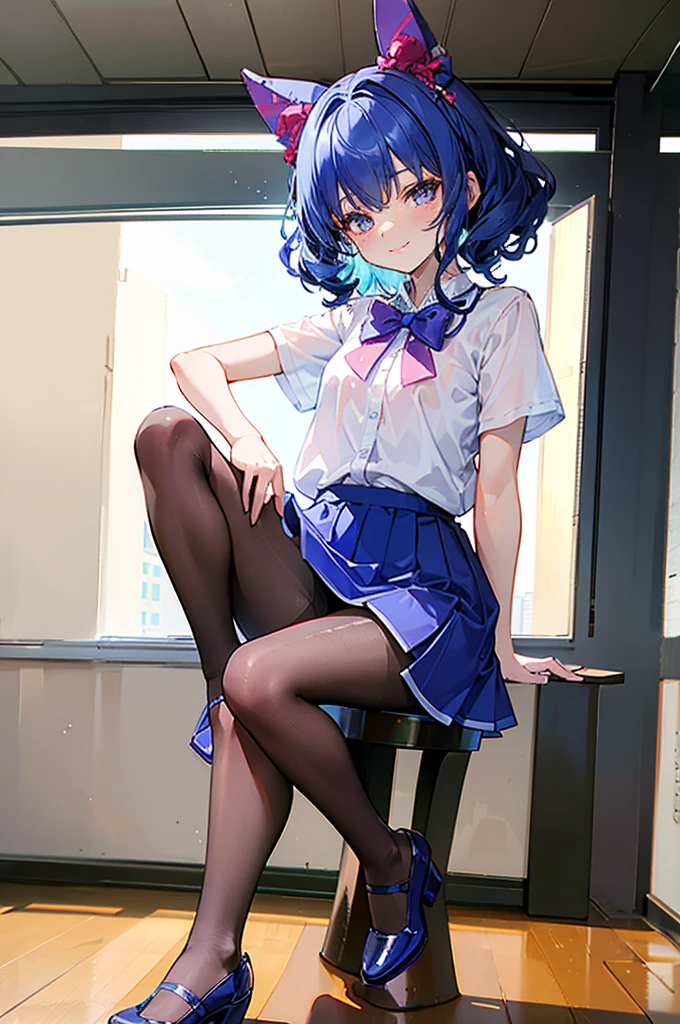 Masterpiece,  8k, Beauty,  very curly blue hair,  head bow, very tiny miniskirt, tan  pantyhose crotch, sitting  open  legs,  shoes, smiling 