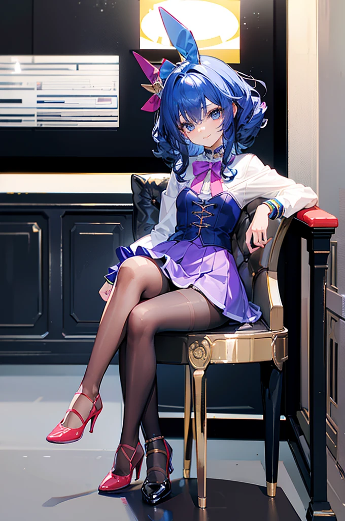 Masterpiece,  8k, Beauty,  very curly blue hair,  head bow, very tiny miniskirt, tan  pantyhose crotch, sitting  open  legs,  shoes, smiling 