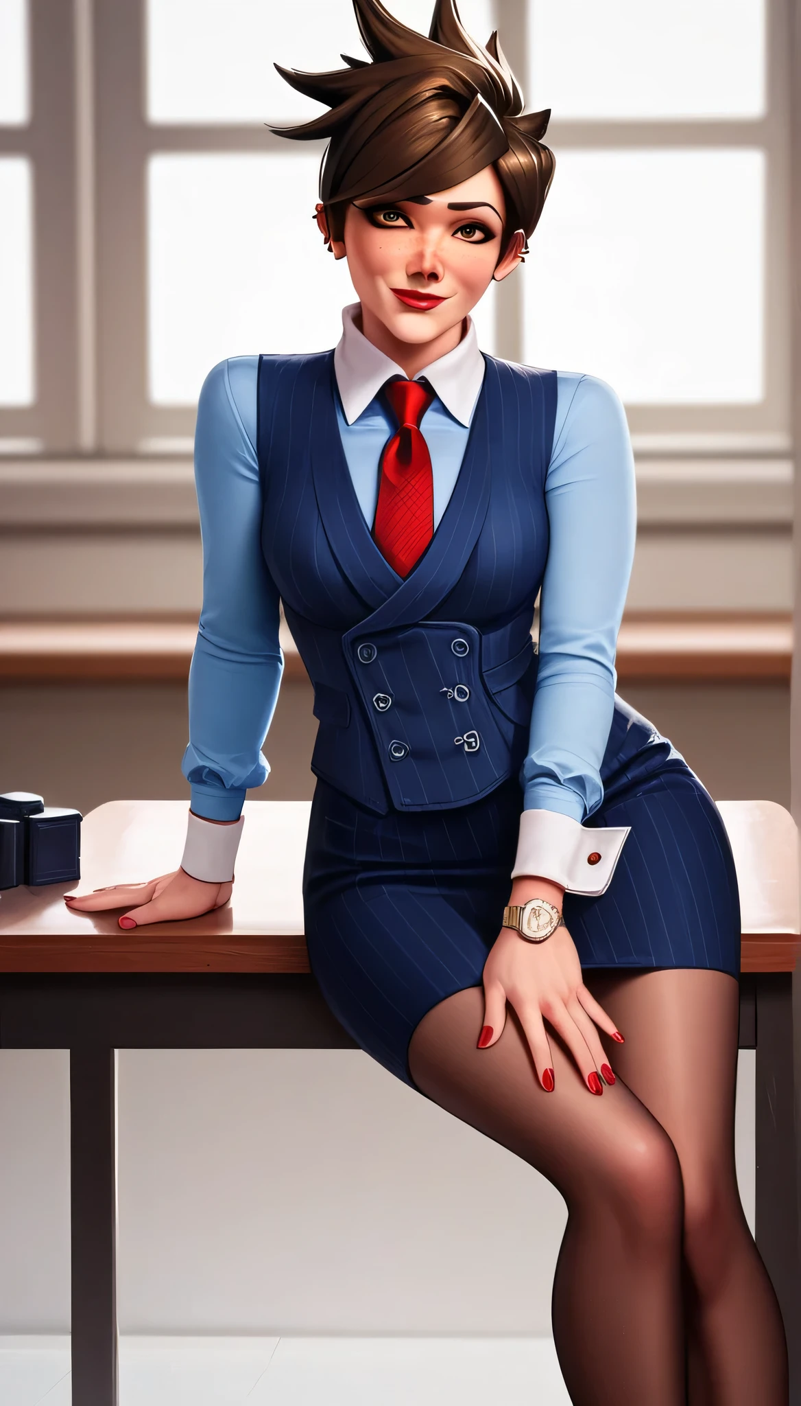 score_9, score_8_up, score_7_up, score_6_up, source_anime,  three-piece suit, tracer, 1girl, solo, brown hair, short hair, freckles, smile, pretty, formal, jewelry, earrings, shirt, sitting on desk, high heels, window, watch, wristwatch, red lips, ((navy pinstripe skirt)), makeup, black pantyhose, cufflinks,, brown eyes,,High Resolution, Blush, score_9, score_8_up, score_7_up, source_anime, hi res, masterpiece, best quality, highres, three-piece suit, 1girl, buttons, collared shirt, ((navy pinstripe vest)), long sleeves, lips, upper body, looking at viewer, blue shirt with white collar, white shirt collar, red silk necktie, red nails, red lipstick, long shirt sleeves, vest lapels, waistcoat, white cuffs, cufflinks, skirt, blue shirt sleeves, sleeveless jacket, pinching necktie