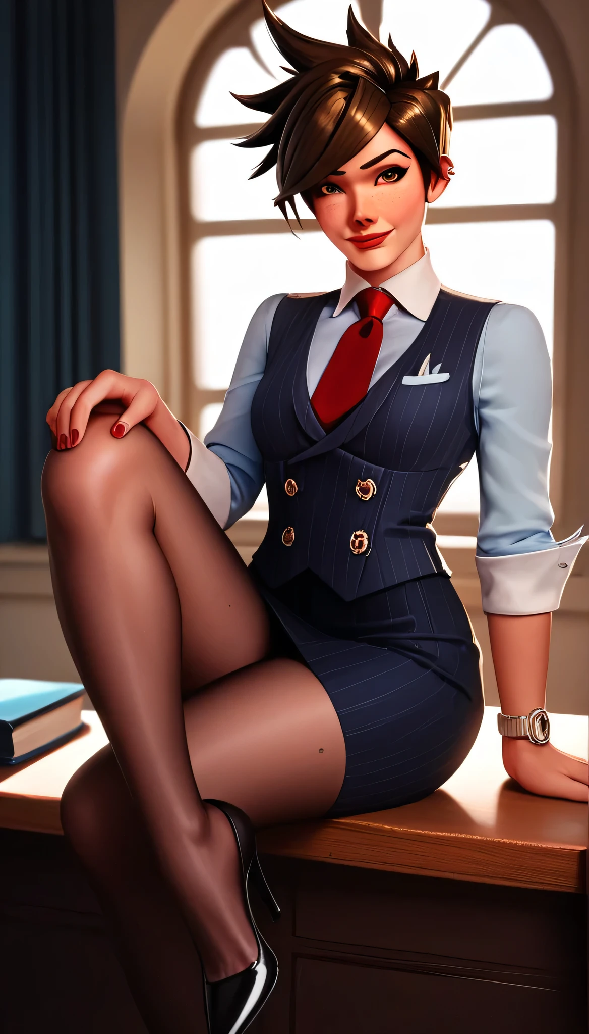 score_9, score_8_up, score_7_up, score_6_up, source_anime,  three-piece suit, tracer, 1girl, solo, brown hair, short hair, freckles, smile, pretty, formal, jewelry, earrings, shirt, sitting on desk, black high heels, window, watch, wristwatch, red lips, ((navy pinstripe skirt)), makeup, black pantyhose, cufflinks,, brown eyes,,High Resolution, Blush, score_9, score_8_up, score_7_up, source_anime, hi res, masterpiece, best quality, highres, three-piece suit, 1girl, buttons, collared shirt, ((navy pinstripe vest)), long sleeves, lips, upper body, looking at viewer, blue shirt with white collar, white shirt collar, red silk necktie, red nails, red lipstick, long shirt sleeves, vest lapels, waistcoat, white cuffs, cufflinks, skirt, blue shirt sleeves, sleeveless jacket, hand on leg, foot on desk