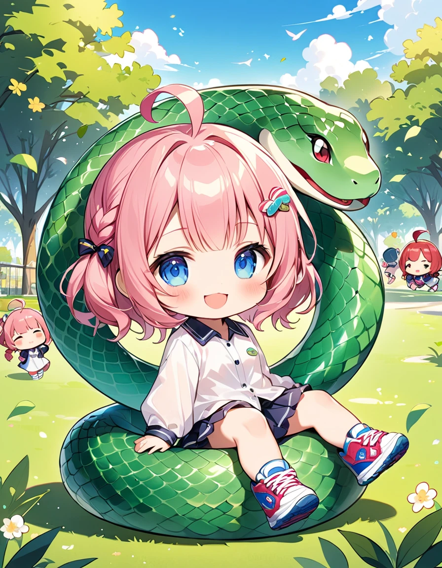 ((One Girl:1.5)、((Chibi Girl:1.5)))、Kindergarteners:1.5、Best Quality、High resolution、Detailed Background、Beautiful face in every detail、Anatomically correct、Detailed facial expressions、fine grain、((whole body, from the front, side view)),　Cute pink hair color、Big beautiful blue eyes、Full lips、Pink Lips、Braided twin tails、((Ahoge:1.5))、(Playing in the park:1.2)、(Cute long sleeve shirt:1.5、Cute sneakers:1.5)、((Riding on a big green snake in the park:1.5、Happy smile:1.2、The snake&#39;s eyes"×"Become:1.5))、break　(The background is a mountain meadow、A refreshing autumn afternoon、Frog:1.5）