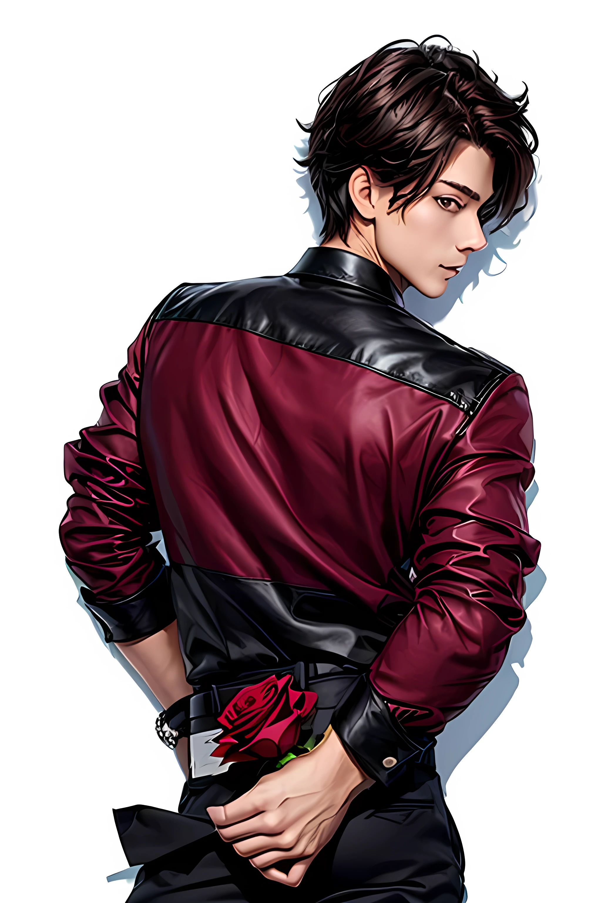 Male, idol, slender figure, black inner shirt, burgundy outer shirt, behind the character, hands above the hips, holding a red rose, black trousers, high quality, correct fingers