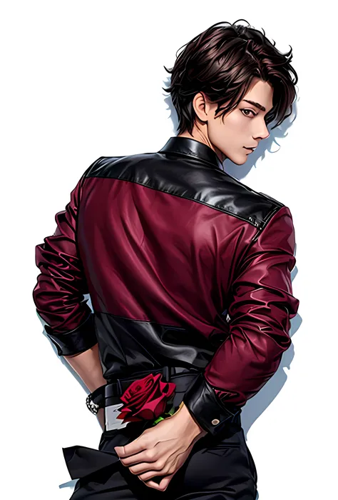 male, idol, slender figure, black inner shirt, burgundy outer shirt, behind the character, hands above the hips, holding a red r...