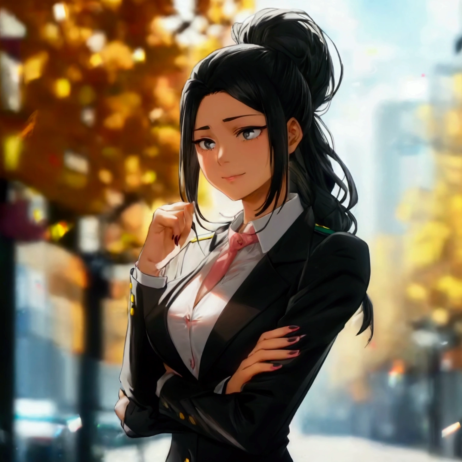 Momo Yaoyorozu my hero academia, standing outside in a sunny urban setting, wearing a black business suit with a fitted white dress shirt underneath, the jacket draped over her shoulders. She has a black necktie loosely knotted, resting against her chest. Her long black hair is styled in an elegant high ponytail with a single loose strand framing her face. Her nails are manicured and painted a subtle shade of pink. She looks up at the viewer with a warm, gentle smile, her fine onyx eyes crinkling slightly at the corners. Her medium-sized breasts strain against the fabric of her blouse, the outline visible beneath the structured jacket. She places a hand on her chin thoughtfully, her fingers steepled together. She wears black formal pants and black ankle boots, giving her an authoritative yet approachable appearance. The overall effect is one of professional maturity and quiet confidence."