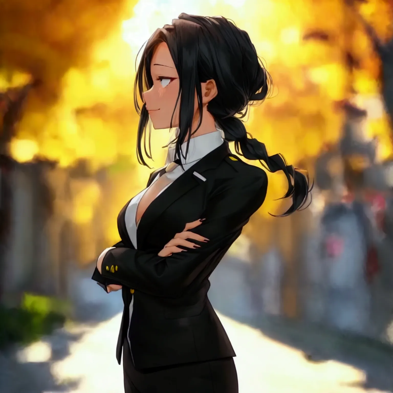 momo yaoyorozu my hero academia, standing outside in a sunny urban setting, wearing a black business suit with a fitted white dr...