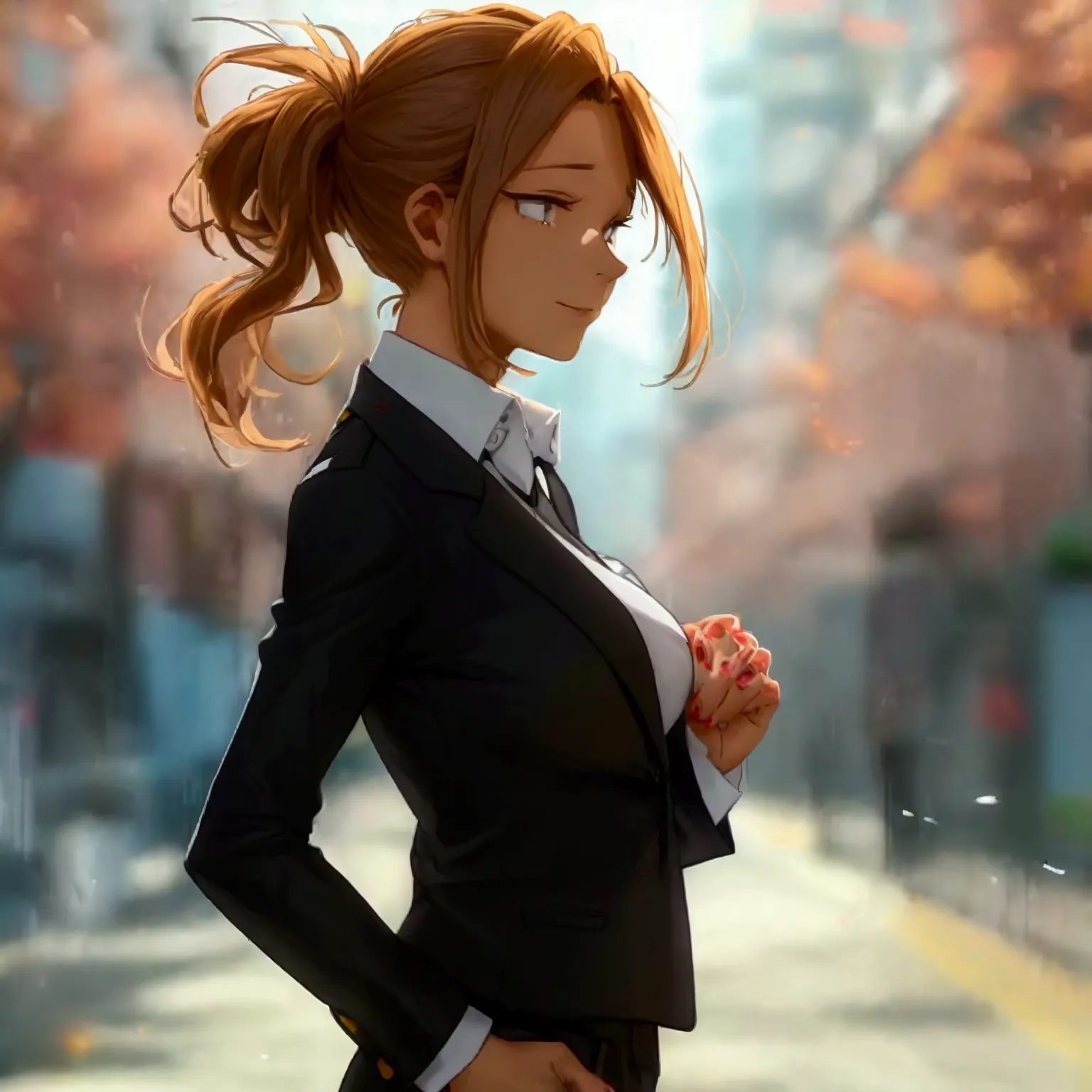 momo yaoyorozu my hero academia, standing outside in a sunny urban setting, wearing a black business suit with a fitted white dr...