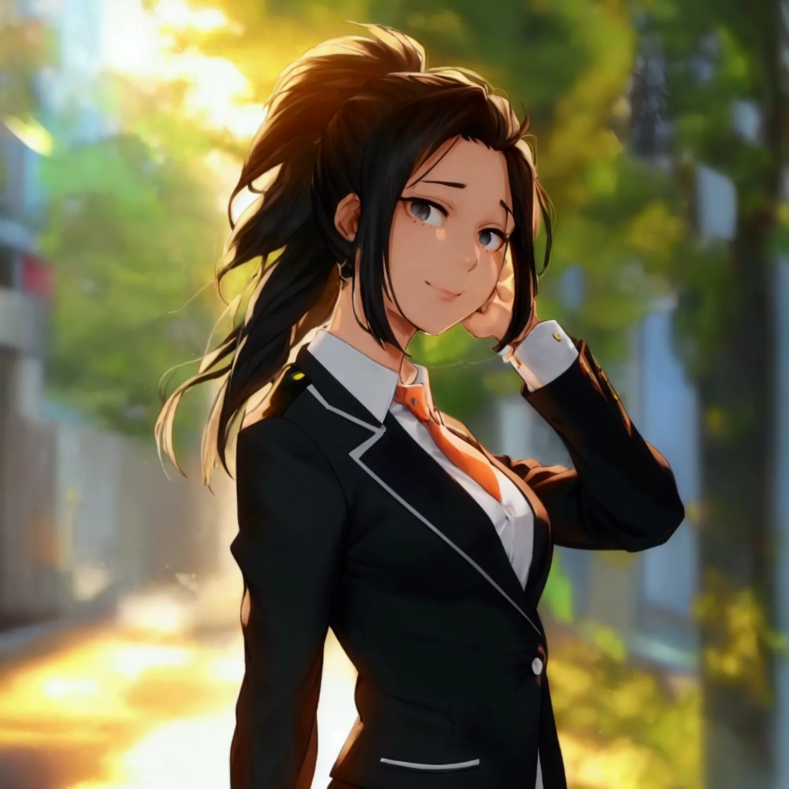 momo yaoyorozu my hero academia, standing outside in a sunny urban setting, wearing a black business suit with a fitted white dr...