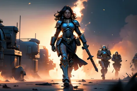 space marine woman from warhammer 40k, (1 space marine girl, warhammer 40k), space marine woman walking on a battlefield with gr...