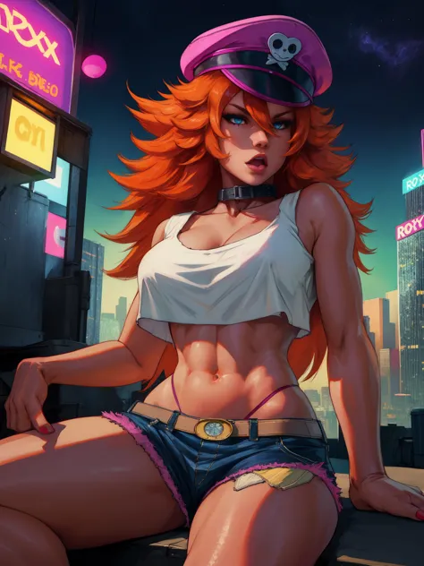 a detailed portrait of roxy, a girl with orange hair and blue eyes, long hair, wearing a white crop top, collar, and short short...