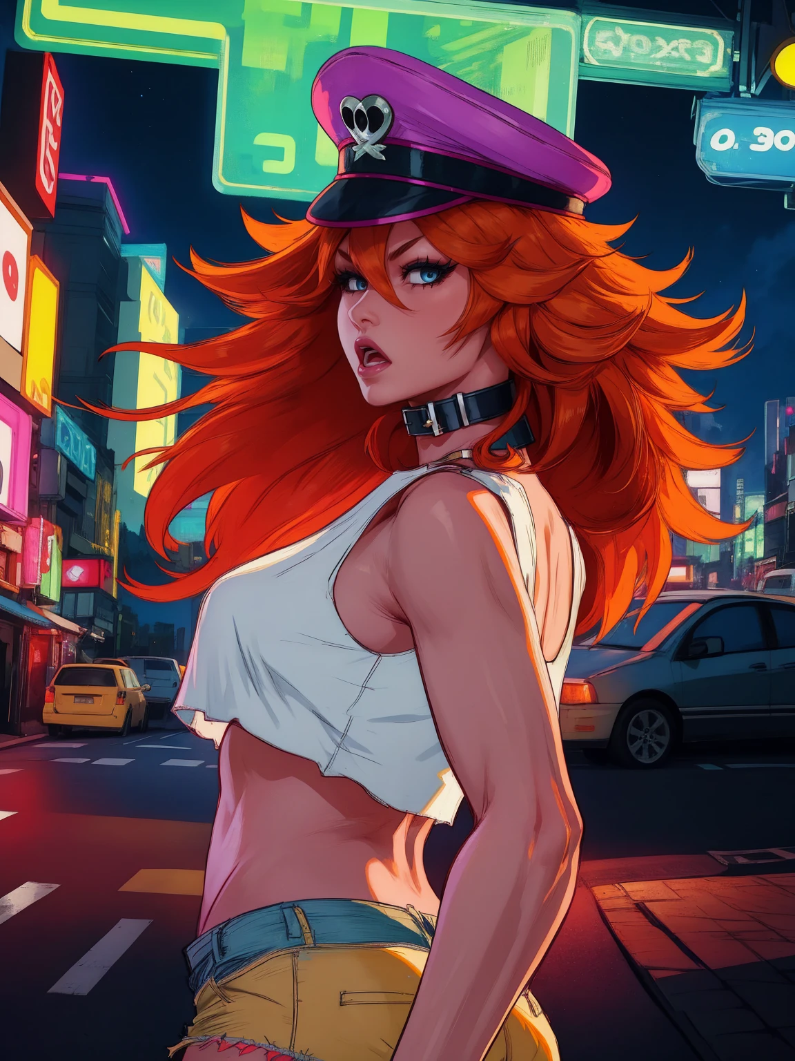 a detailed portrait of roxy, a girl with orange hair and blue eyes, long hair, wearing a white crop top, collar, and short shorts, also wearing a peaked cap, set against a night cityscape with neon lights, (insanely detailed, masterpiece, best quality), solo, backwards, looking back