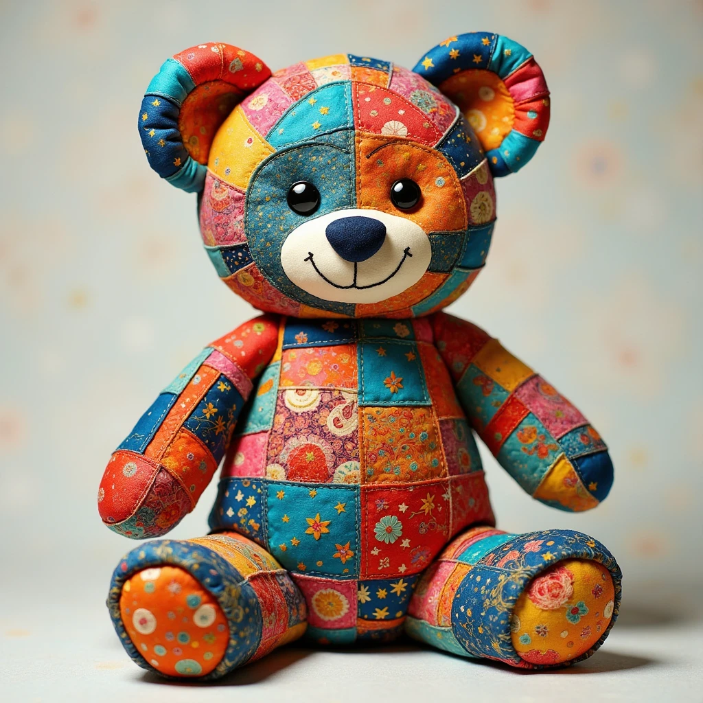 (masterpiece, best quality:1.2), A teddy bear made from patchwork,handmade style