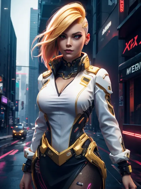 cyberpunk corpo woman ,in white shirt with gold collar red skirt!, female with blond one side trimmed hair, cybernetic face enha...