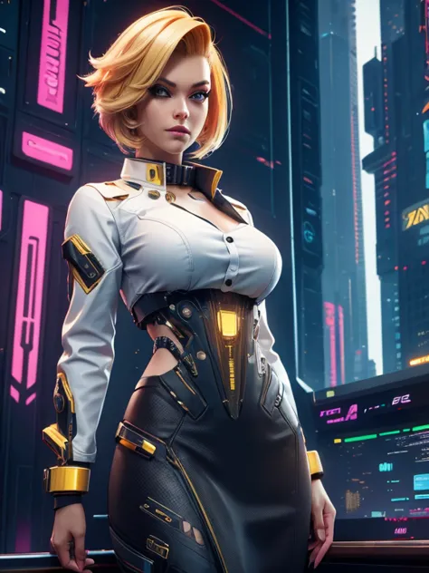 cyberpunk corpo woman ,in white shirt with gold collar red skirt!, female with blond one side trimmed hair, cybernetic face enha...