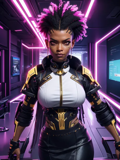 cyberpunk corpo black woman ,in white shirt with gold collar red skirt!, female with black afro hair, cybernetic face enhancemen...