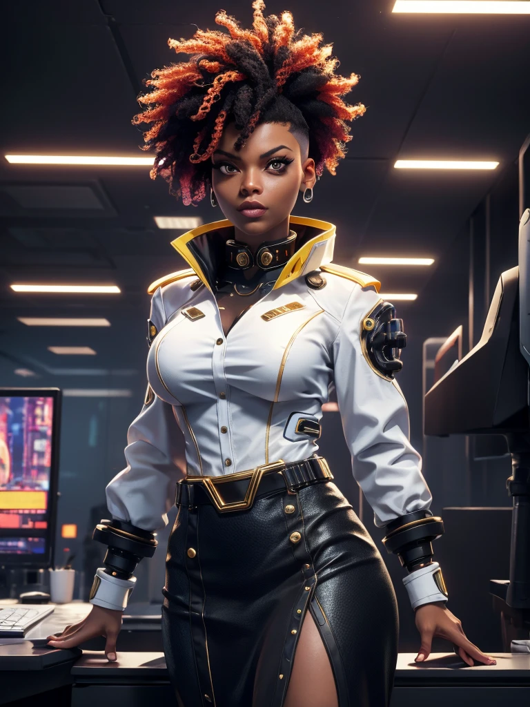 cyberpunk Corpo black Woman ,in white shirt with gold collar red skirt!, female with black afro hair, cybernetic face enhancement, Xtreme, breasts, medium breasts, open white shirt with gold collar, cyberpunk outfit, side trimmed mohawk ,in corporate office, dramatic lighting, realistic colors, highres, vivid colors, in cyberpunk corpo skyscraper  corporate office background, 8K image quality, Masterpiece