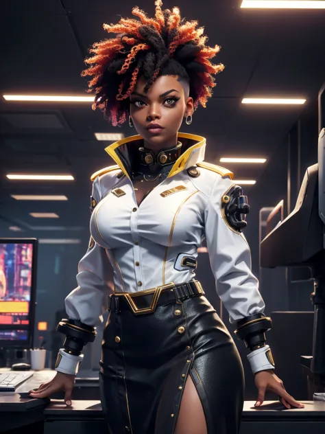 cyberpunk corpo black woman ,in white shirt with gold collar red skirt!, female with black afro hair, cybernetic face enhancemen...