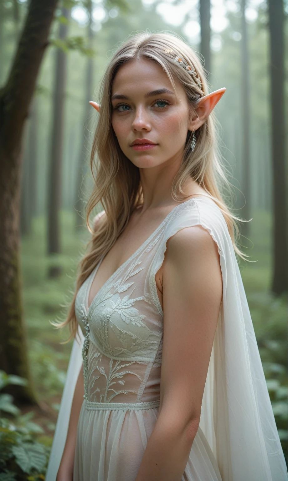 score_9, score_8_up, score_7_up, score_6_up, photo, elf girl, thin, pale skin, transparent white cape, fairytale forest, posing in an old tree, fantasy style, looking at viewer,  depth of field, bokeh