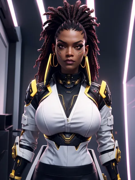 cyberpunk corpo ebony woman ,in white shirt with gold collar red skirt!, female with big black afro hair, cybernetic face enhanc...