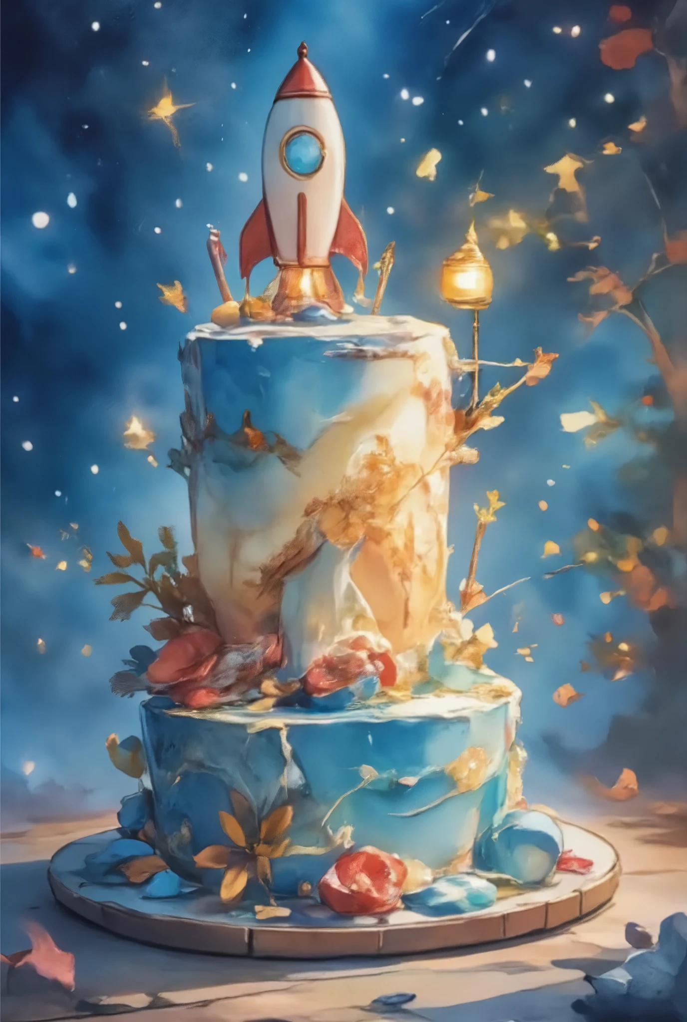 Best quality, very good, Birthday Cake，Rocket Decoration，75（（A masterpiece full of fantasy elements）））， （（Best quality））， （（Intricate details））（8K）