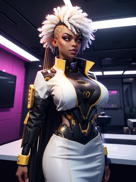 cyberpunk corpo ebony woman ,in white shirt with gold collar red skirt!, female with big black afro hair, cybernetic face enhanc...