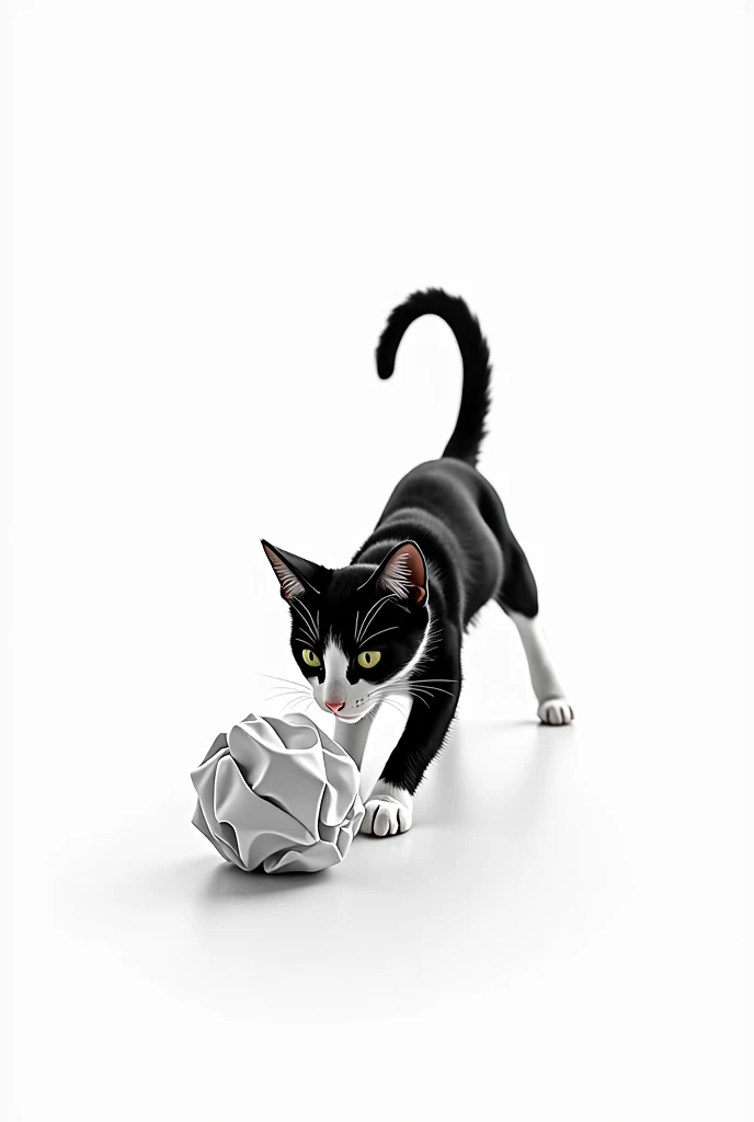 A black and white cat playing with a ball of paper 