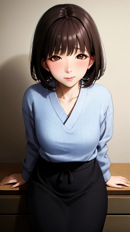 One woman, 40 year old Japanese man、housewife、Beautiful Face, ((Brown eyes)), background：bedroom, Sharp focus、Pixie Cut Hair、Knitted sweater,skirt、Sexy pose、(Random Pause:1.4)