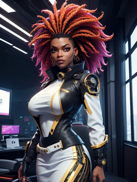 cyberpunk corpo ebony woman ,in white shirt with gold collar red skirt!, female with big black afro hair, cybernetic face enhanc...