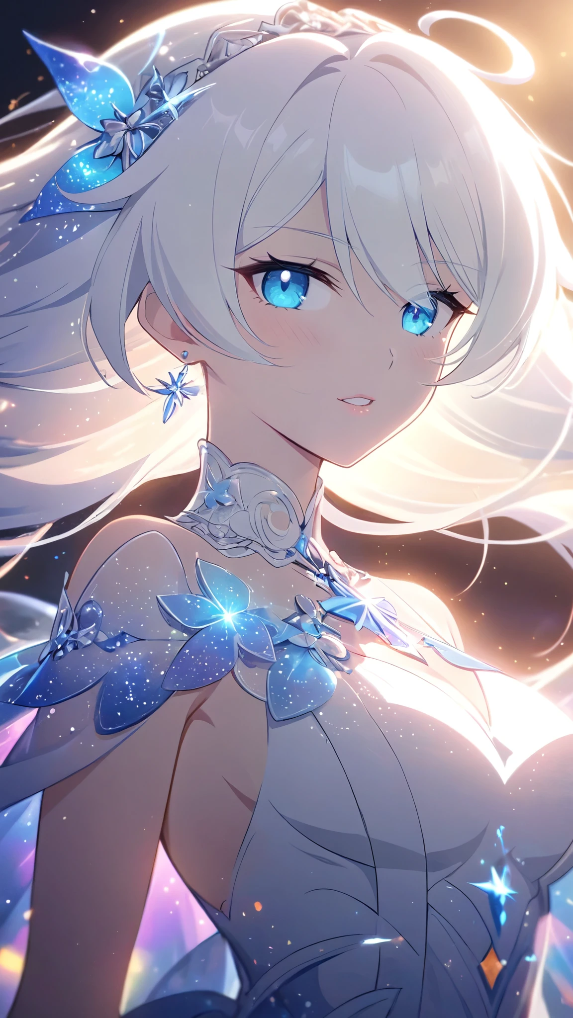 A beautiful young woman with long white hair falling gracefully from the sky, wearing a flowing white dress with a symmetrical, highly detailed face, surrounded by translucent multicolored glitters in a soft, dreamy, and dramatic lighting at golden hour, elegant and intricate,vivid color,sparkling,god rays,iridescence,threads of light,holy aura,clear blue starry eyes,((kiana kaslana)),mihoyo,ahoge,honkai impact