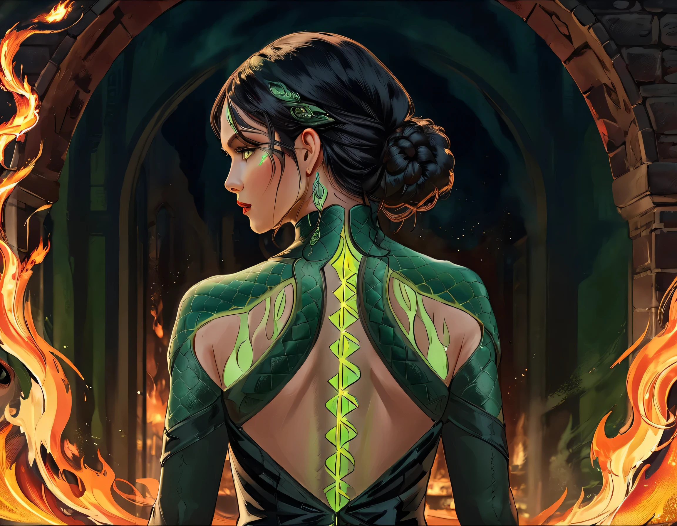 Arafed, Dark fantasy art, fantasy art, goth art, a picture of a tattoo of a green snake on the back of a female elf, a glowing tattoo of a ((green snake: 1.3)) on the elf's back, the tattoo is vivid, intricate detailed, ((fire surrounds the snake: 1.5)), shot taken from the back ((the back is visible: 1.3) she wears a transparent black dress, elegant dress, flowing dress, elven style dress, the tattoo glows, dynamic hair color, dynamic hair style, vibrant, Ultra-high resolution, High Contrast, (masterpiece:1.5), highest quality, Best aesthetics, best details, best quality, highres, 16k, (ultra detailed: 1.5), masterpiece, best quality, (extremely detailed) RAW, (ultra details, Masterpiece, best quality) 