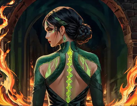 arafed, dark fantasy art, fantasy art, goth art, a picture of a tattoo of a green snake on the back of a female elf, a glowing t...