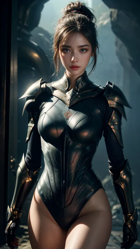 1 woman in very tight armor, polyester underwear, highly detailed beautiful eyes, lips, faces and skin, octane rendering, cinema...