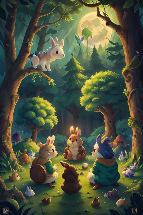 enchanted forest, the full moon rises from behind the hills, the bunnies and hedgehogs sit and watch the moon